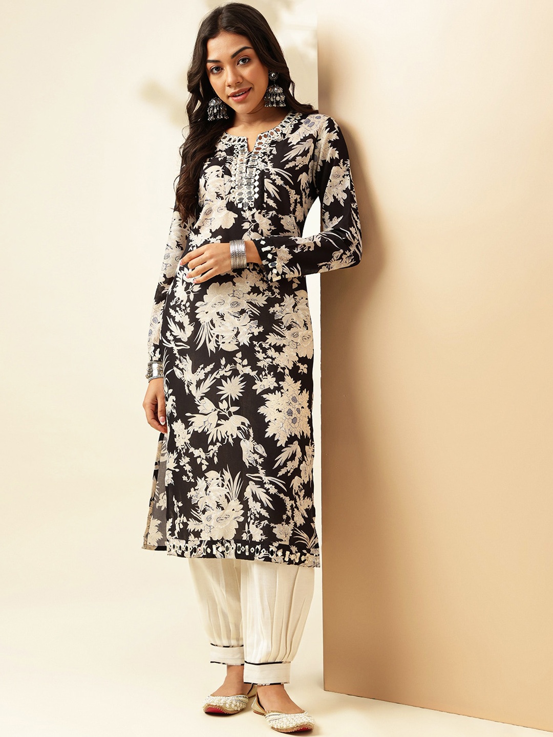 

Anouk Floral Printed Mirror Work Cotton Notched -Neck Straight Kurta with Harem Trouser, Black