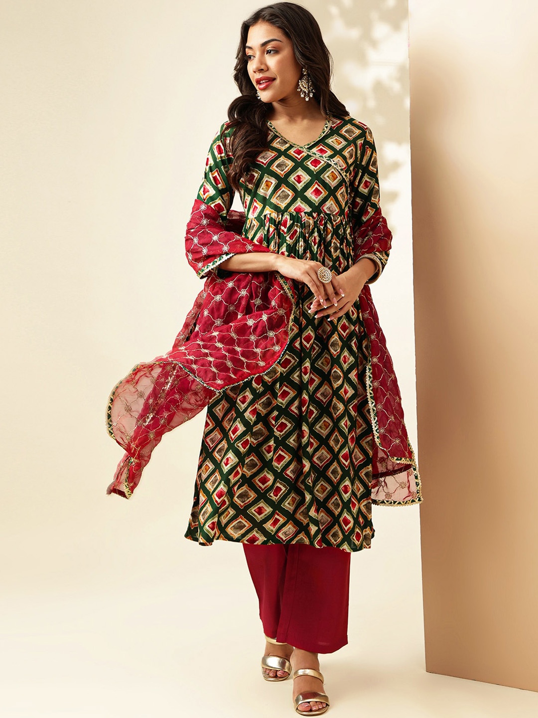 

Anouk Green Geometric Printed Flared V-Neck Angrakha Gotta Patti Anarkali Kurta Set