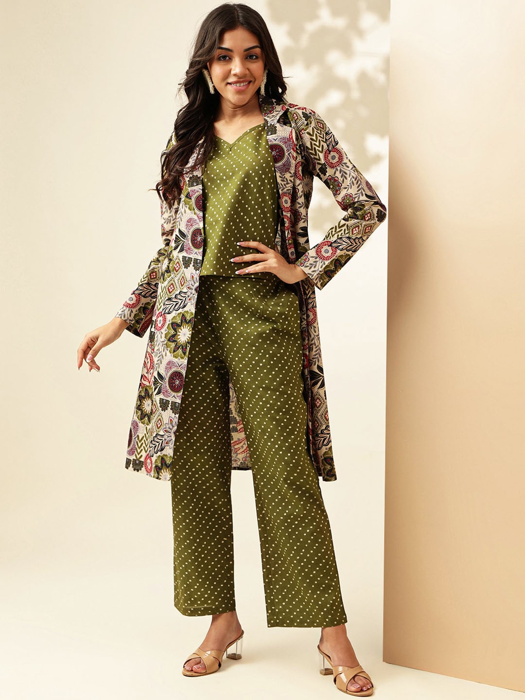 

Anouk Green Printed Shoulder Straps Pure Cotton Top With Trousers & Shrug