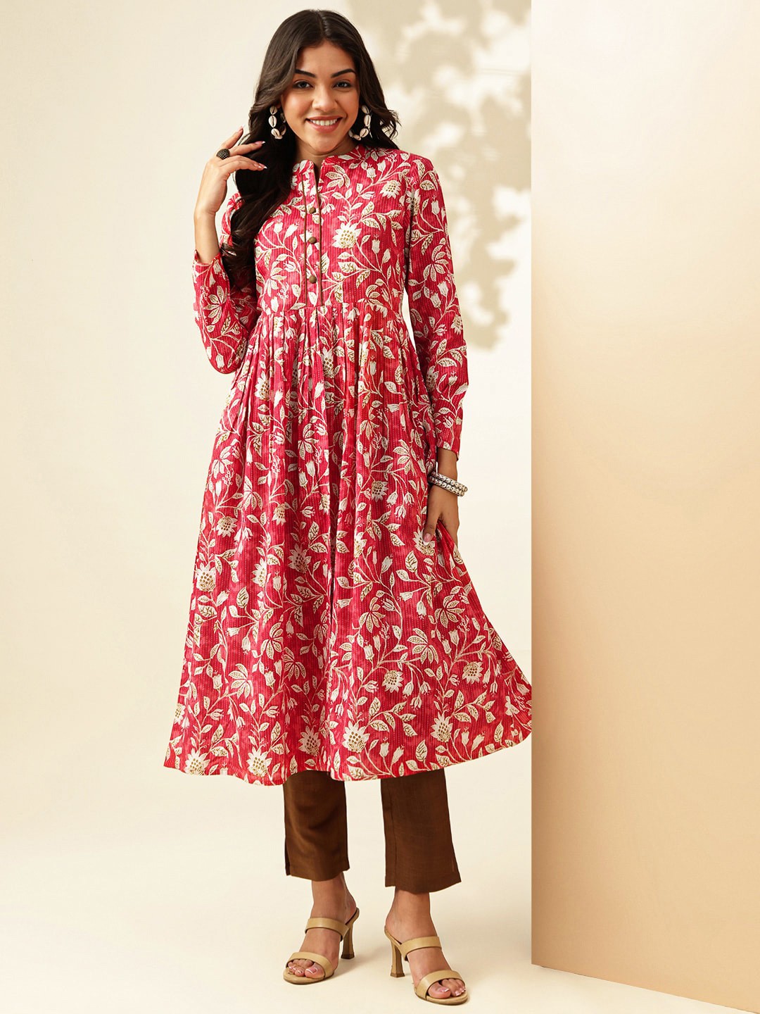 

Anouk Floral Printed Mandarin Collar Long Sleeves Pleated Pure Cotton Kurta with Palazzos, Red