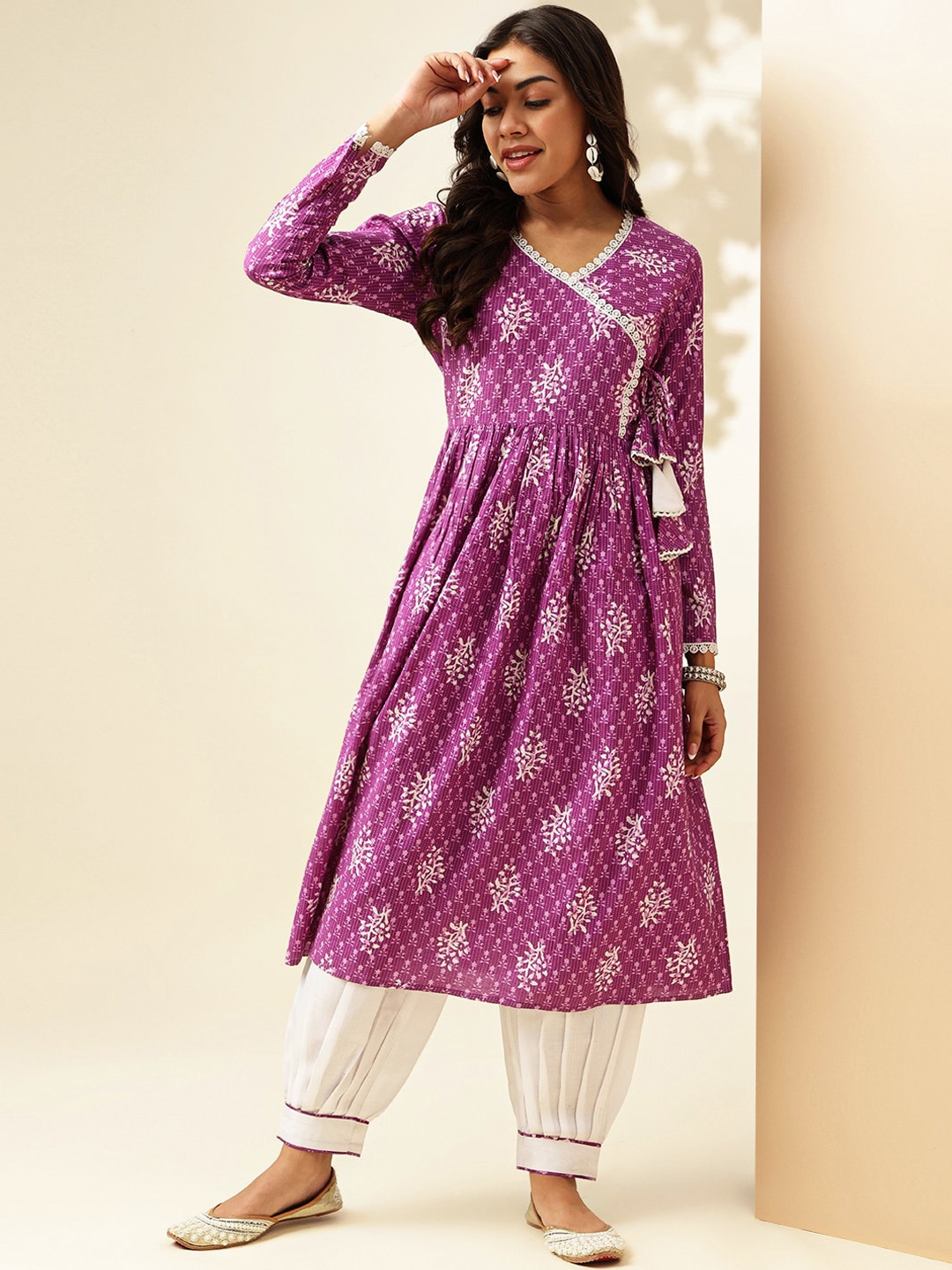 

Anouk Ethnic Motifs Printed Angrakha Kantha Work Cotton Anarkali Kurta With Harem Trouser, Purple