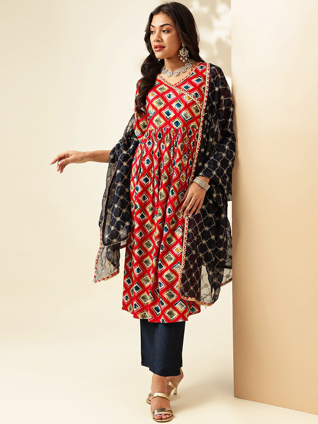 

Anouk Women Printed Angrakha Gotta Patti Kurta with Palazzo & Dupatta, Red