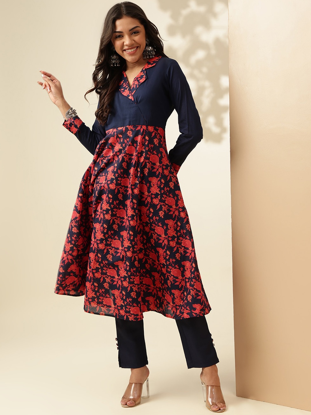 

Anouk Floral Printed Shawl Collar Long Sleeves Angrakha Pure Cotton Kurta with Trousers, Navy blue