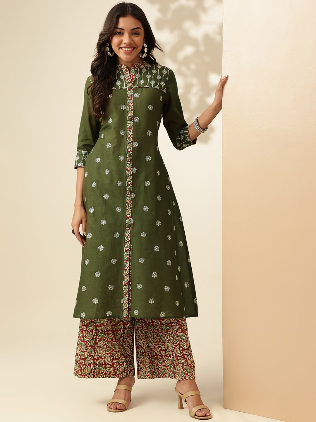 

Anouk Green Ethnic Motifs Embroidered Thread Work Pure Cotton Straight Kurta With Palazzo