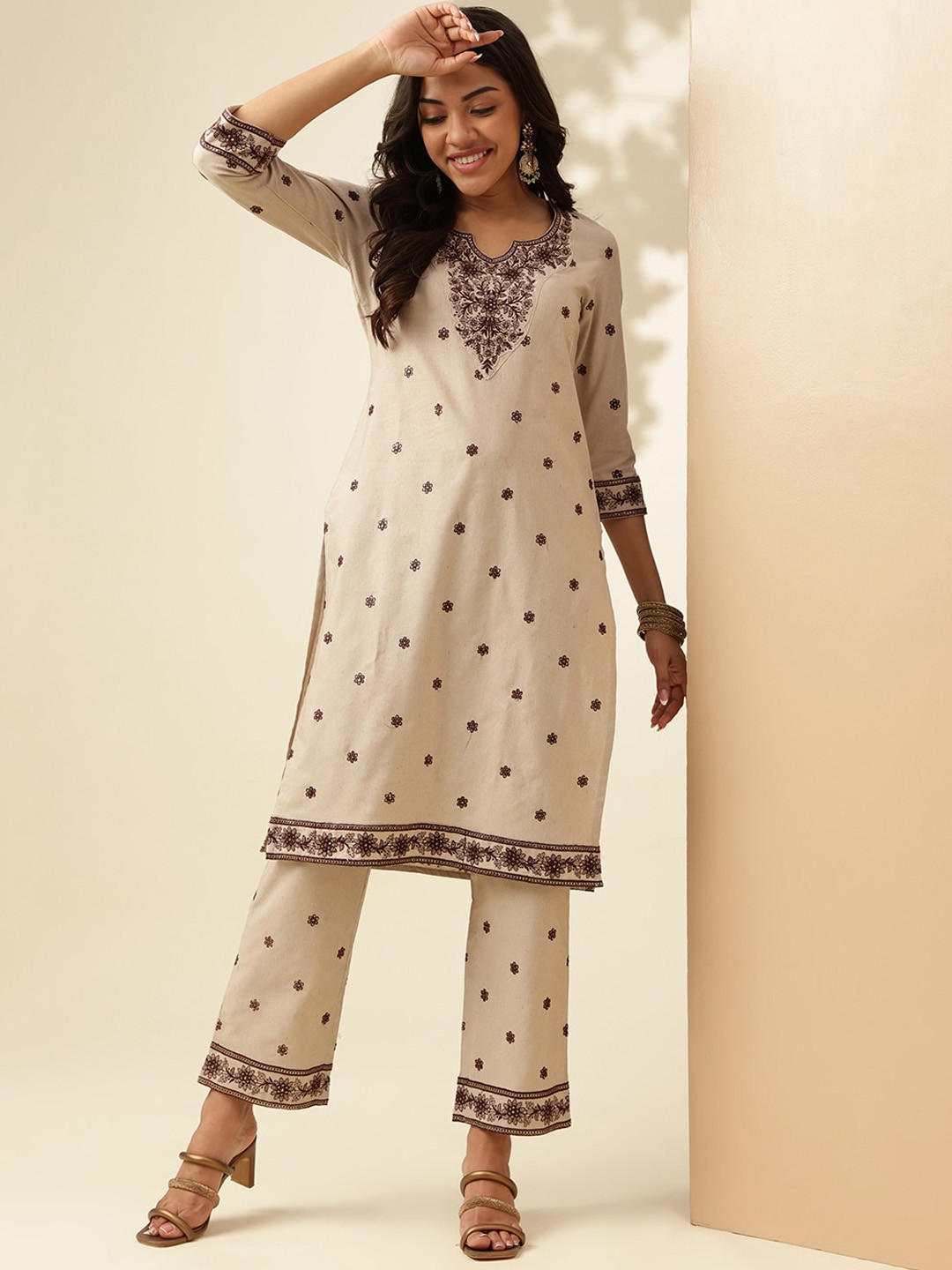 

Anouk Beige Ethnic Motifs Embroidered Regular Thread Work Pure Cotton Kurta With Trousers