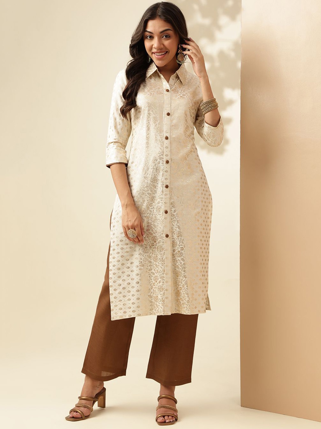 

Anouk Cream Ethnic Motifs Printed Shirt Collar Straight Kurta With Trouser