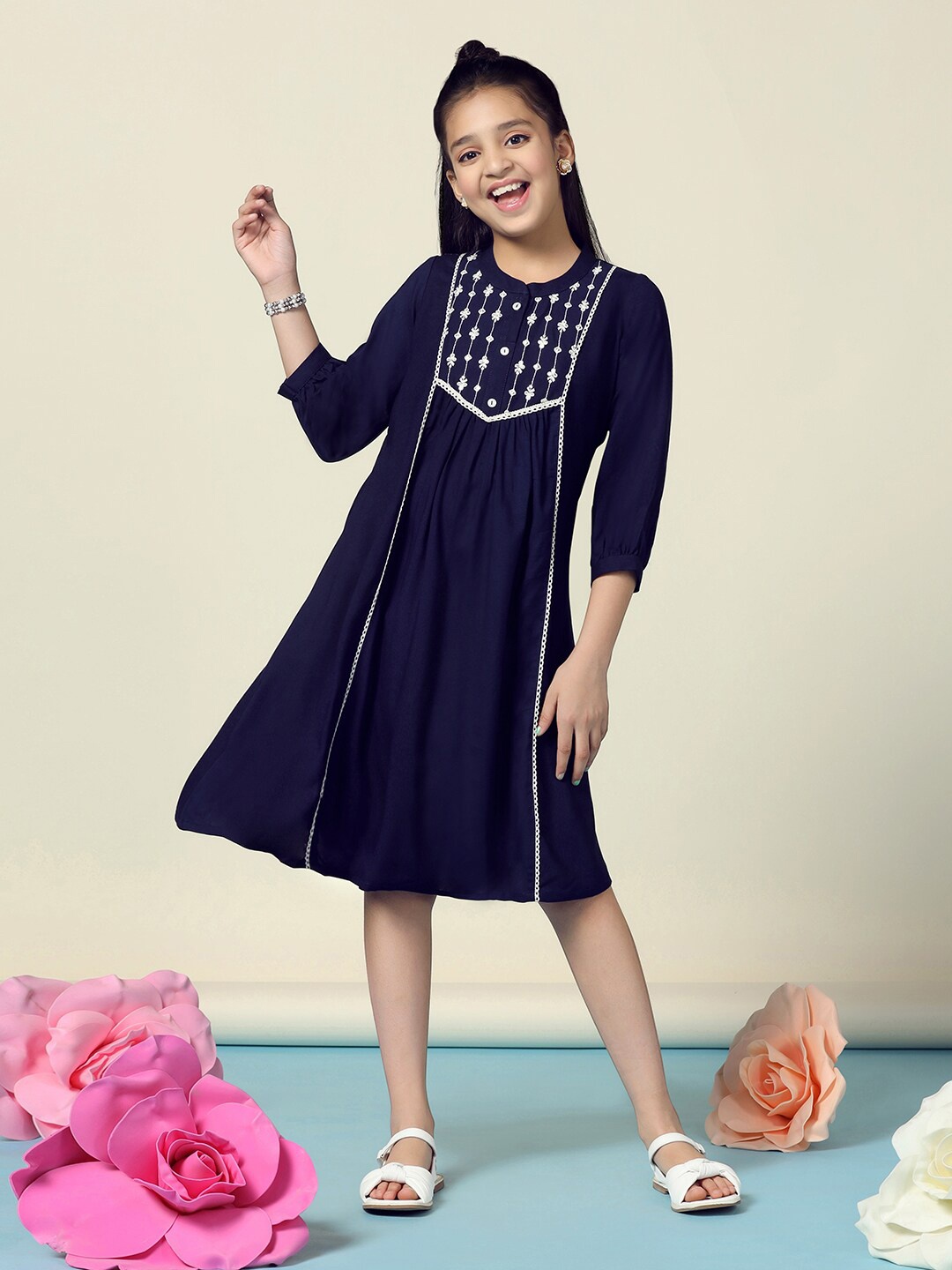 

FASHION DREAM Embroidered A-Line Dress, Navy blue