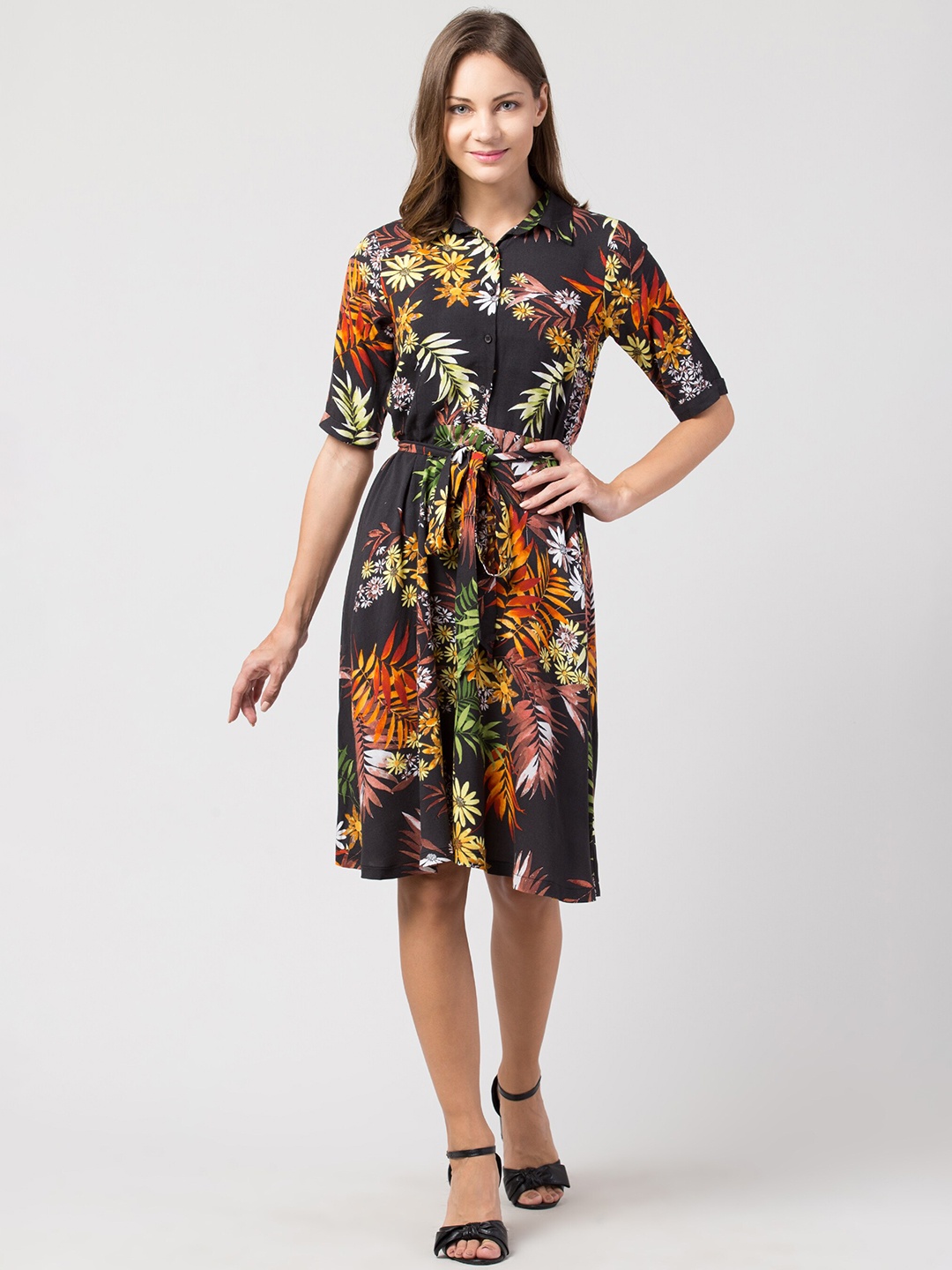

BAESD Floral Printed Short Sleeves Shirt Dress, Black