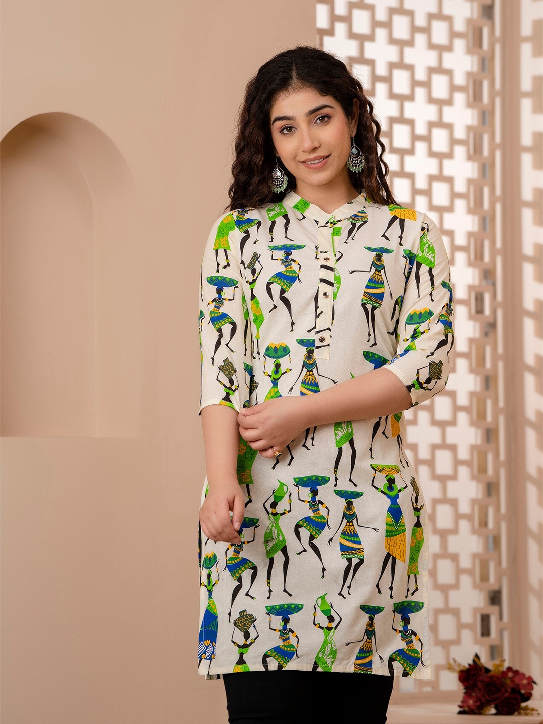 

Mialo fashion Ethnic Motifs Printed Mandarin Collar Straight Kurti, Cream