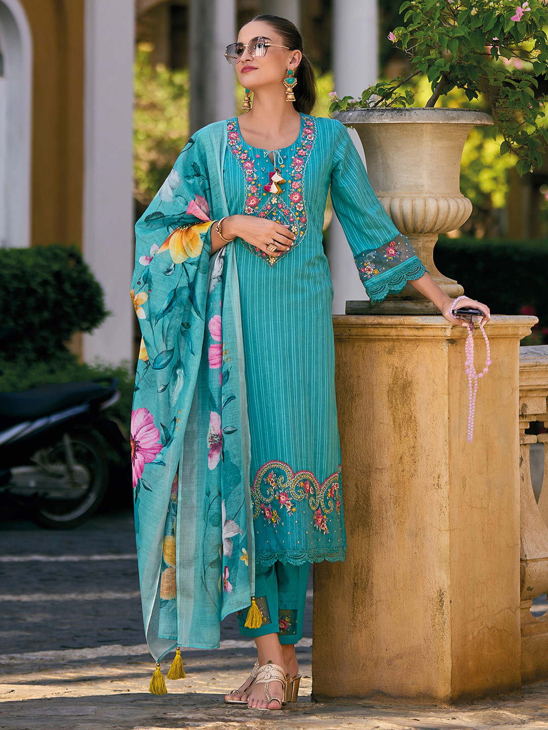 

Indo Era Floral Embroidered Pure Cotton Straight Kurta with Trousers & Dupatta, Blue