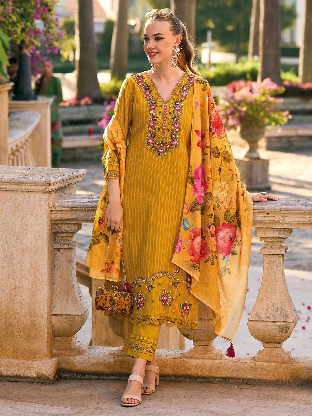 

Indo Era Striped Thread Work Pure Cotton Bell Sleeves Straight Kurta & Trousers & Dupatta, Yellow