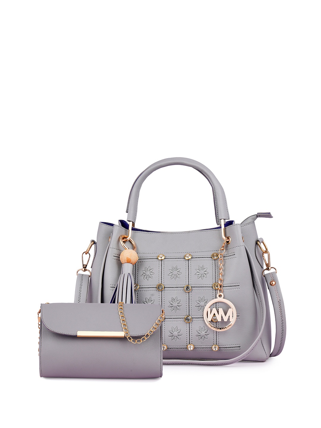 

WOMEN MARKS Embellished PU Structured Handheld Bag with Tasselled, Grey