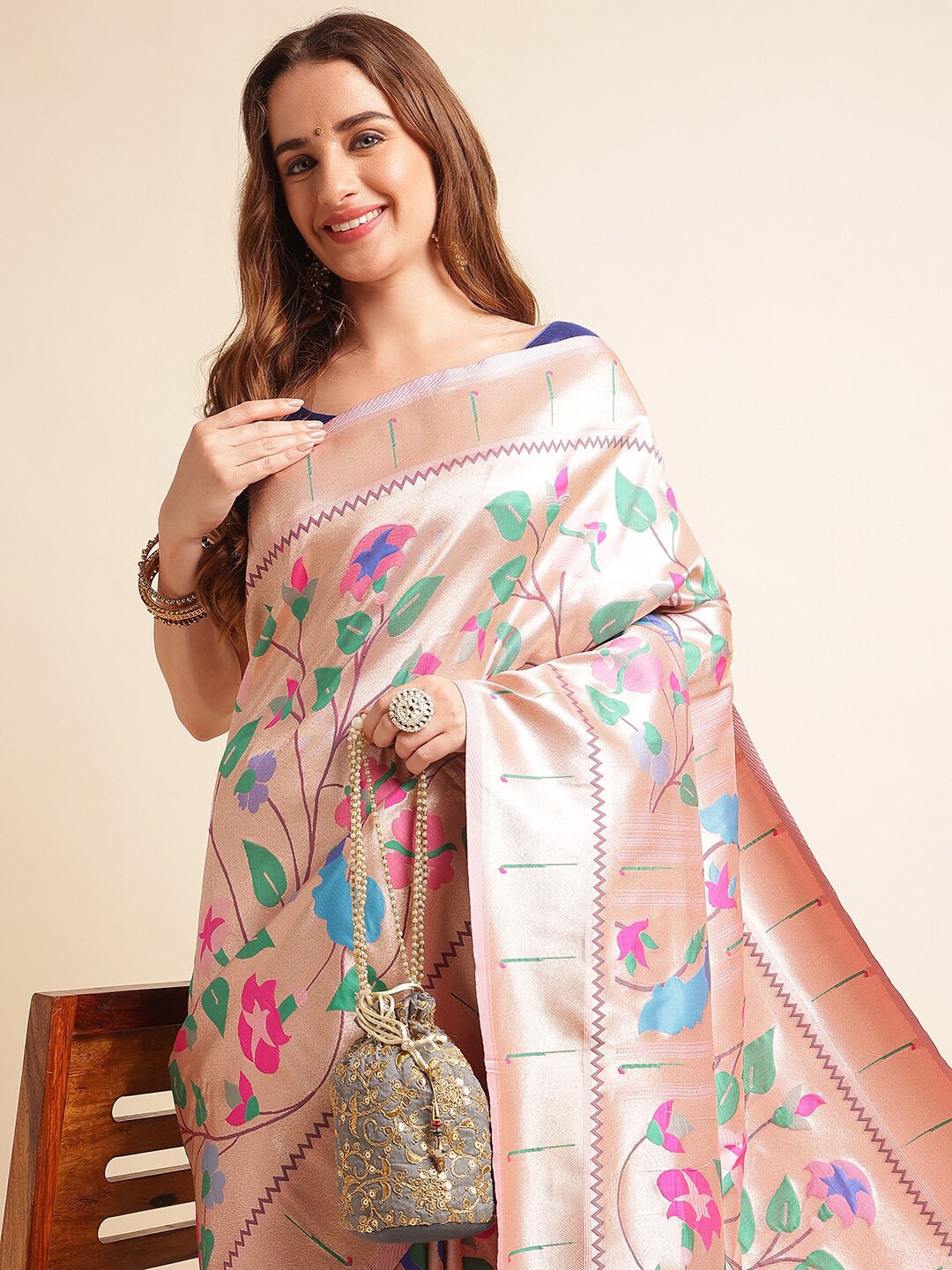 

RAJ DHARMA SILK Woven Design Zari Paithani Saree with Tassels, Pink