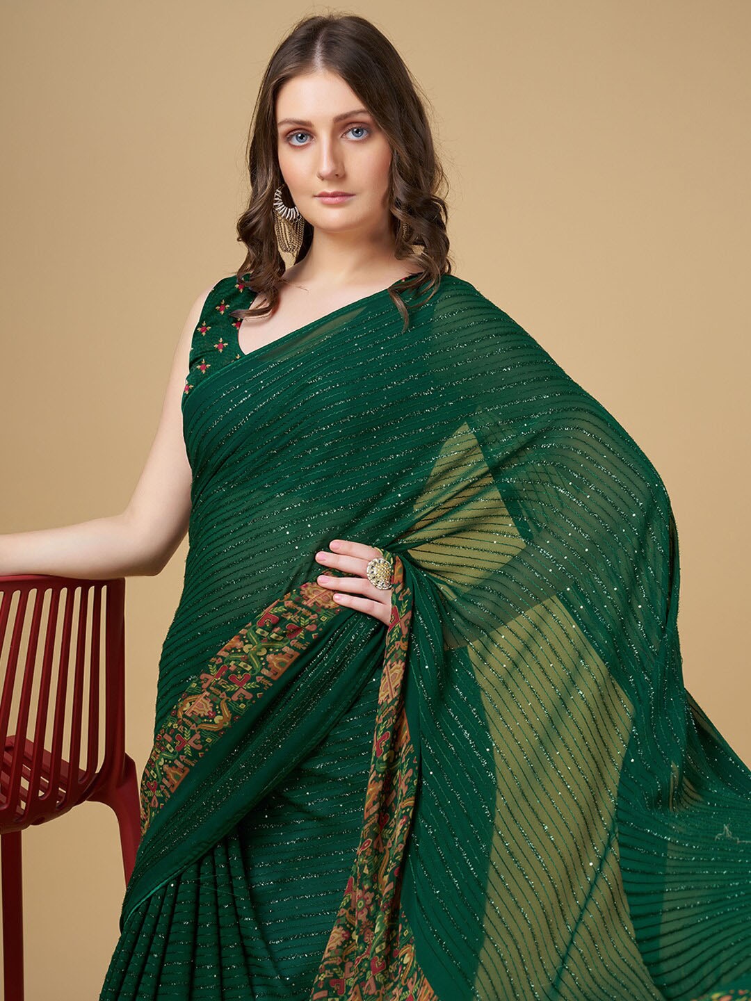 

RAJ DHARMA SILK Embellished Pure Georgette Saree, Green