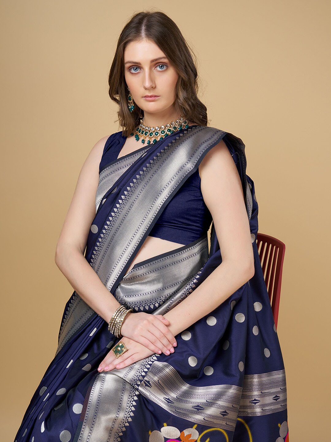 

RAJ DHARMA SILK Polka Dot Zari Art Silk Mysore Silk Saree, Navy blue