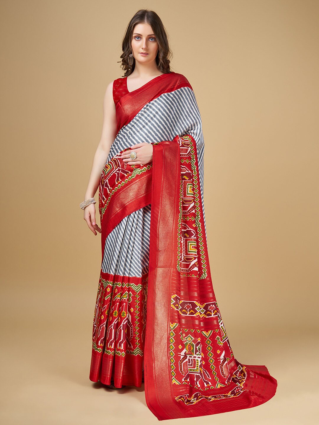 

RAJ DHARMA SILK Striped Zari Woven Design Saree, Gold