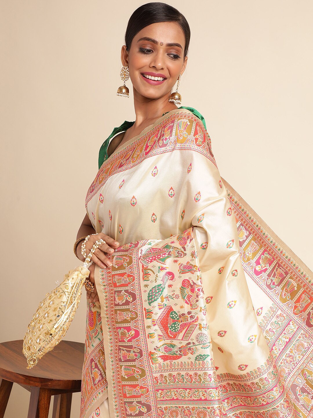 

RAJ DHARMA SILK Ethnic Motifs Zari Pashmina Silk Saree with Tassels, Cream