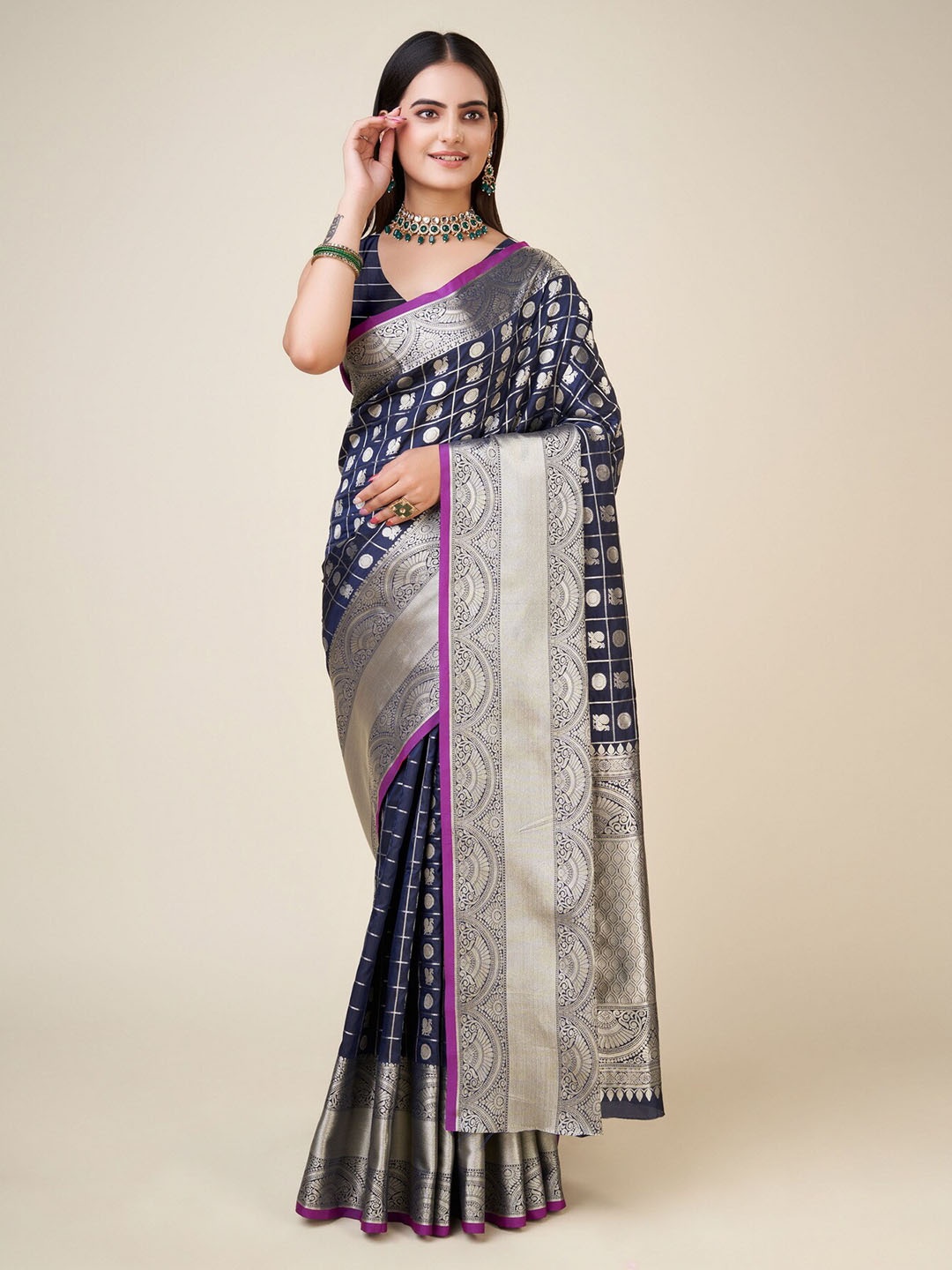 

RAJ DHARMA SILK Ethnic Motifs Zari Art Silk Mysore Silk Saree, Navy blue