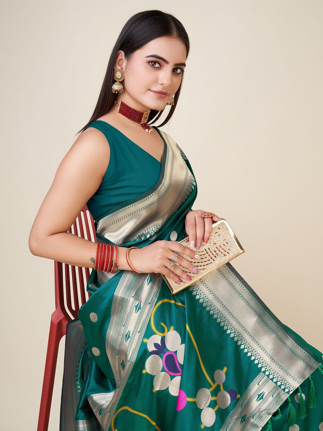 

RAJ DHARMA SILK Floral Printed Zari Saree with Tassels, Teal