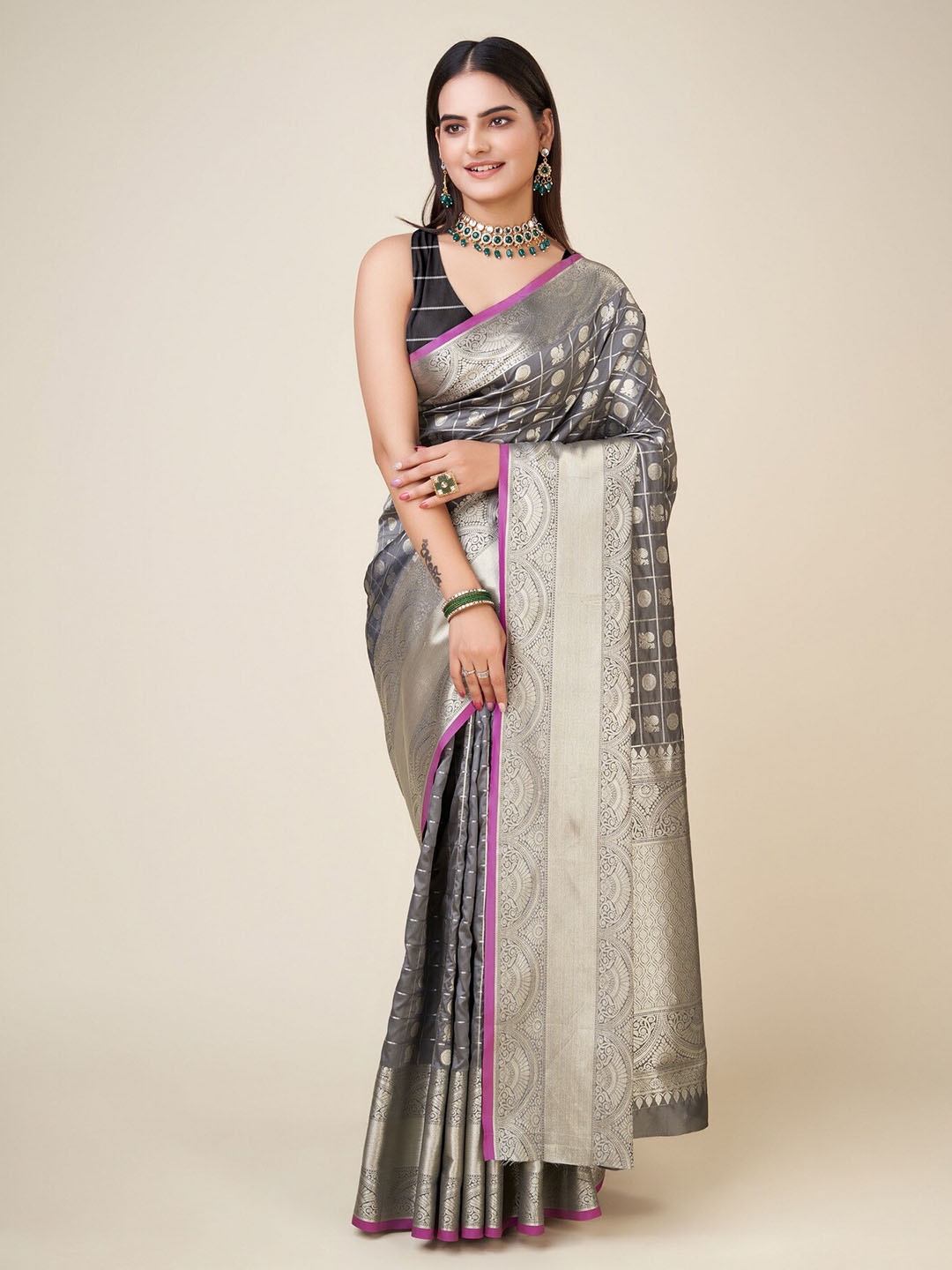 

RAJ DHARMA SILK Floral Zari Art Silk Mysore Silk Saree, Grey