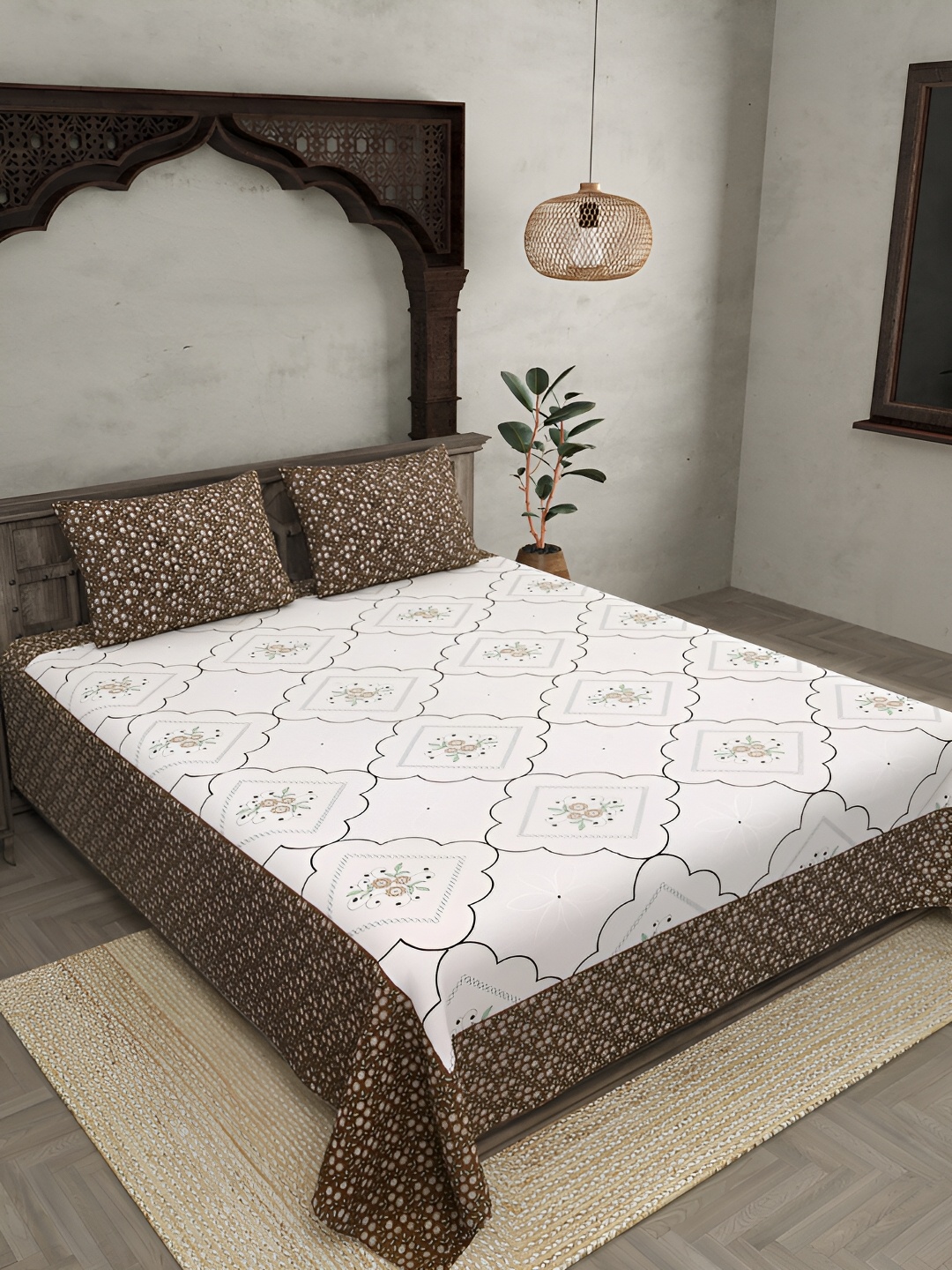 

JAIPUR FABRIC Beige & Brown Ethnic Motifs Cotton 260 TC King Bedsheet With 2 Pillow Covers