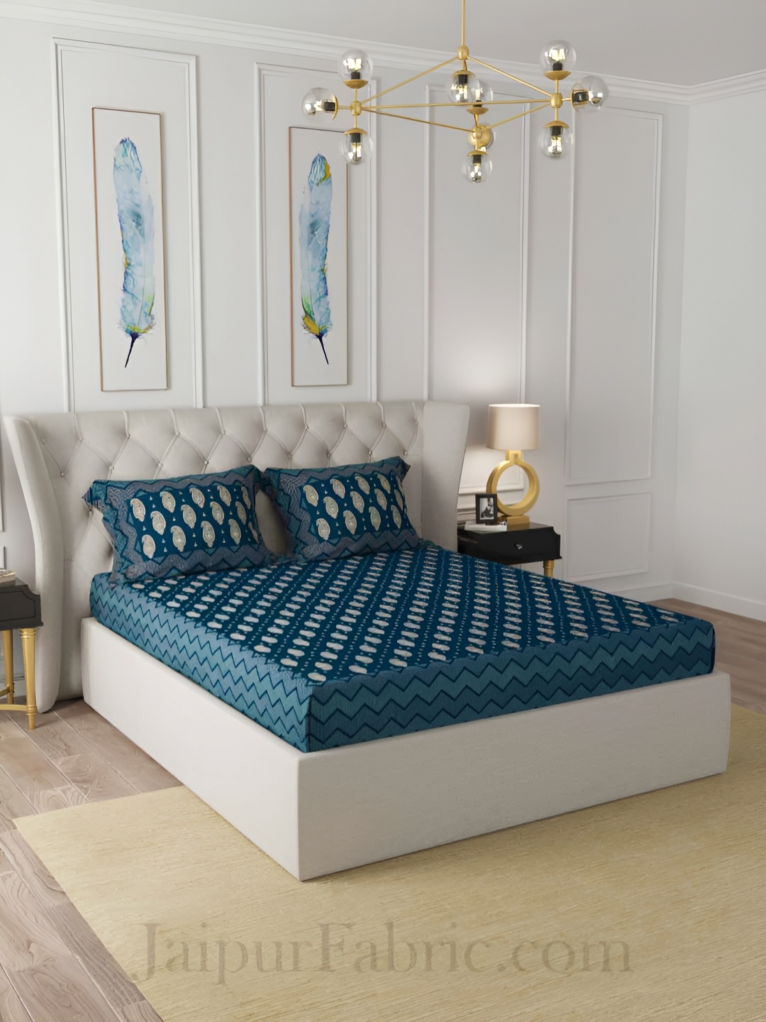 

JAIPUR FABRIC Blue & Grey Ethnic Motifs 300 TC King Bedsheet with 2 Pillow Covers