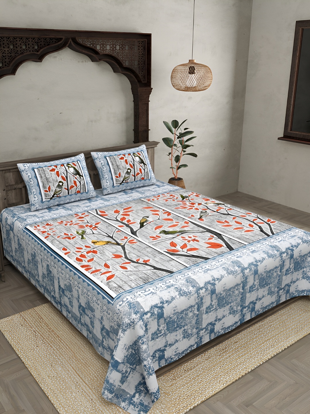 

JAIPUR FABRIC Grey & Orange Floral Cotton 180 TC King Bedsheet With 2 Pillow Covers