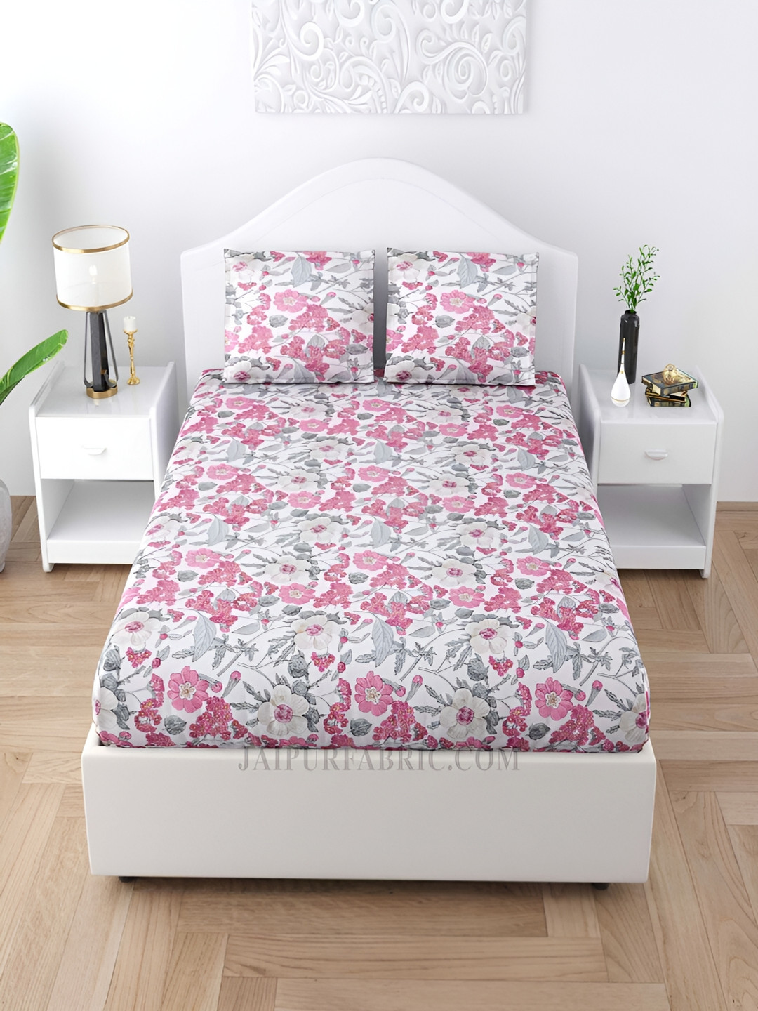 

JAIPUR FABRIC White & Pink Floral Cotton 144 TC King Bedsheet With 2 Pillow Covers
