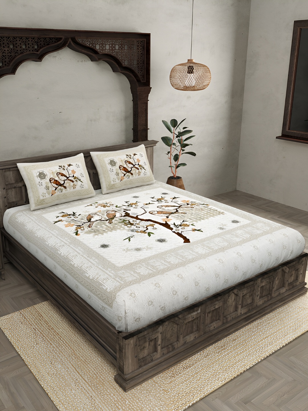 

JAIPUR FABRIC White & Brown Floral Pure Cotton 180 TC King Bedsheet With 2 Pillow Covers