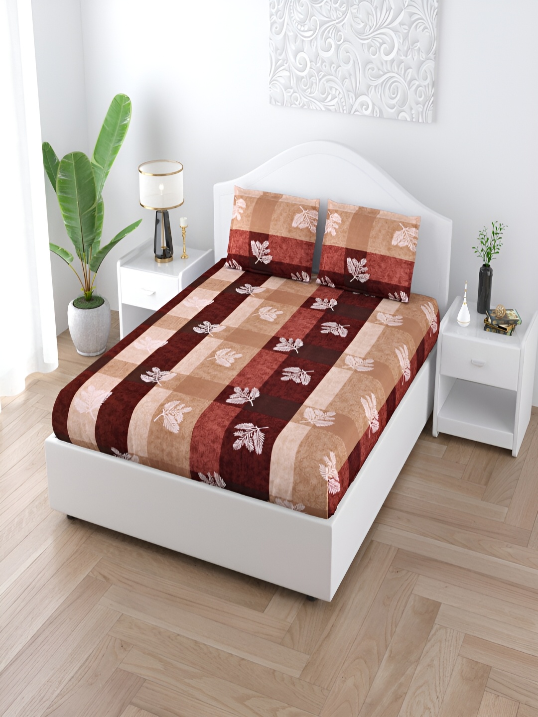 

JAIPUR FABRIC Beige & Maroon Floral 160 TC King Bedsheet with 2 Pillow Covers