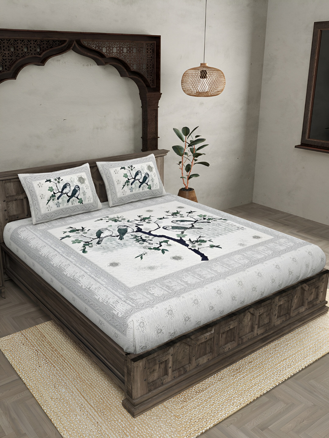 

JAIPUR FABRIC White & Green Graphic Cotton 180 TC King Bedsheet With 2 Pillow Covers