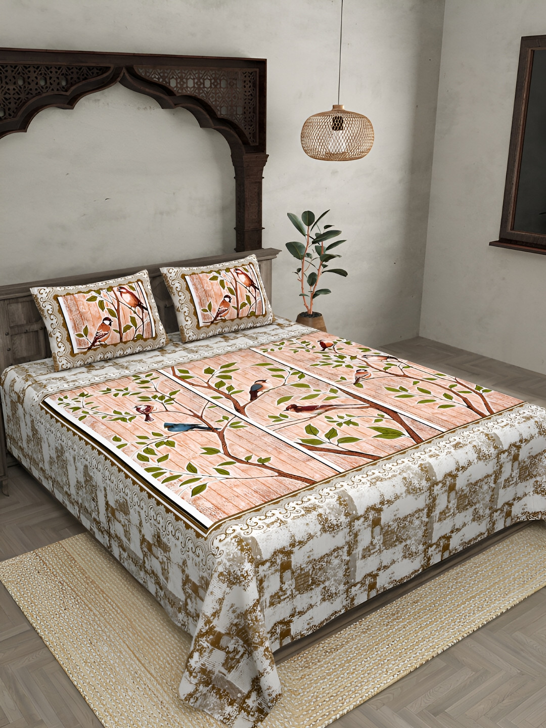 

JAIPUR FABRIC Peach-Coloured & Brown Graphic 180 TC King Bedsheet with 2 Pillow Covers