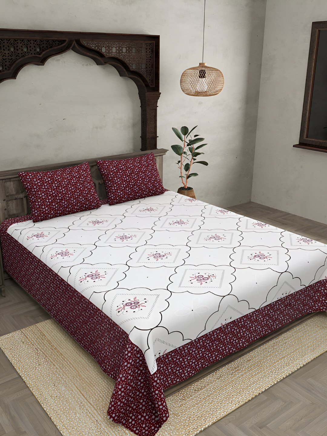 

JAIPUR FABRIC White & Maroon Ethnic Motifs 260 TC King Bedsheet with 2 Pillow Covers
