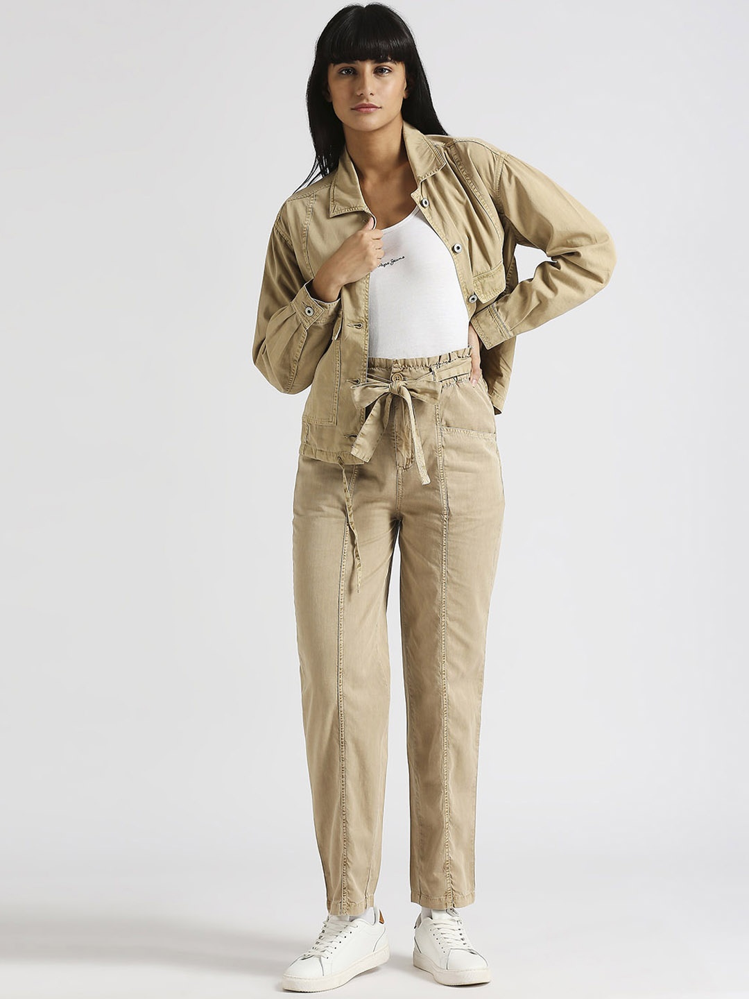 

Pepe Jeans Women High-Rise Pure Cotton Trousers, Beige