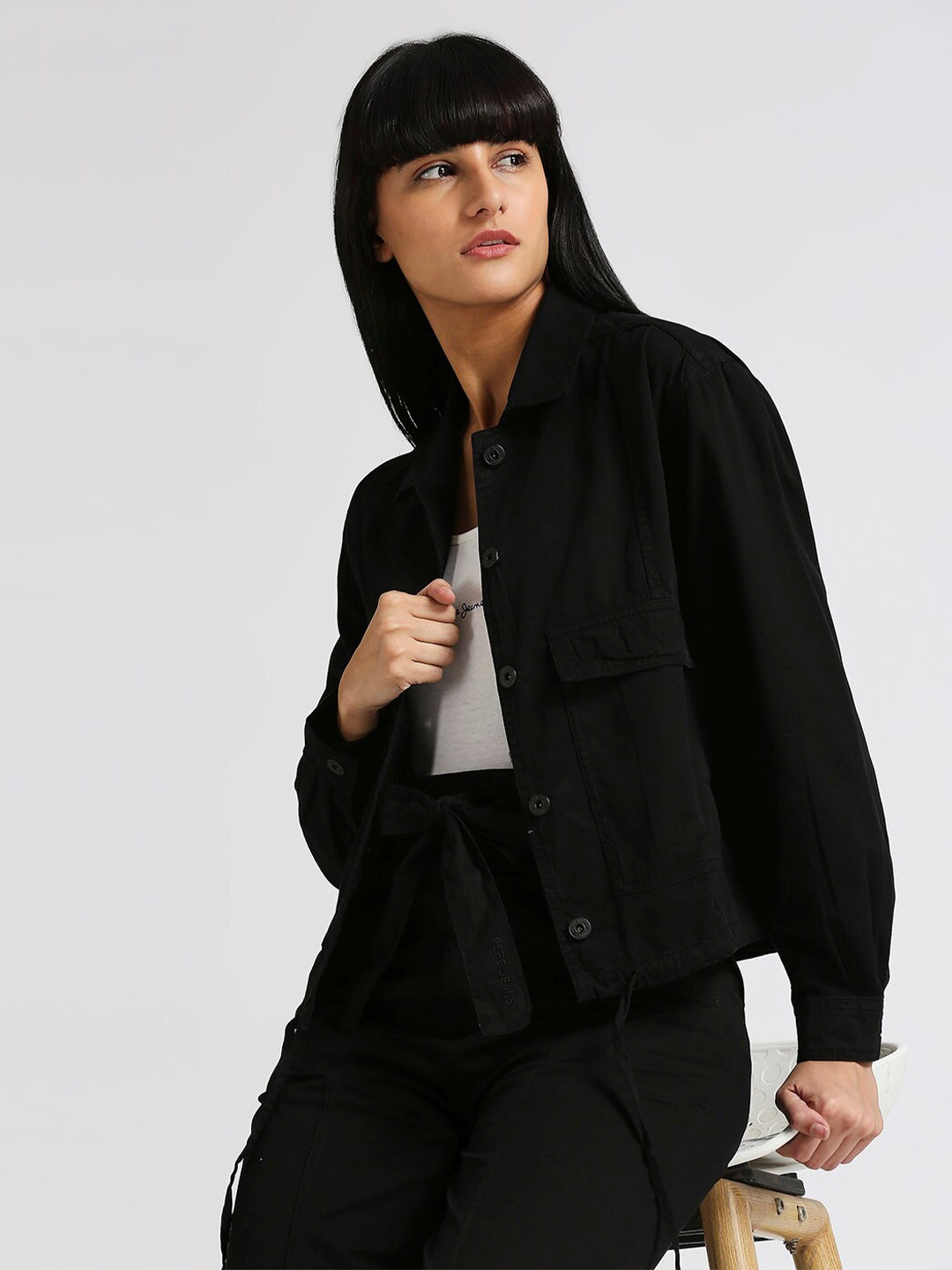 

Pepe Jeans Tessie English Rose Hooded Waist Tie- Up Pure Cotton Shacket, Black