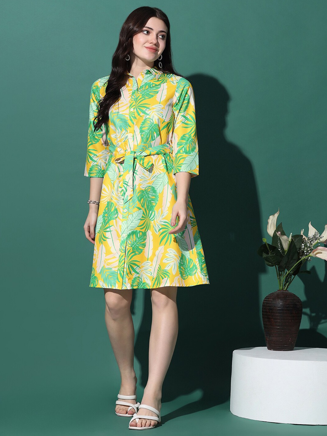 

FASHION DREAM Floral Printed Shirt Collar A-Line Dress, Yellow