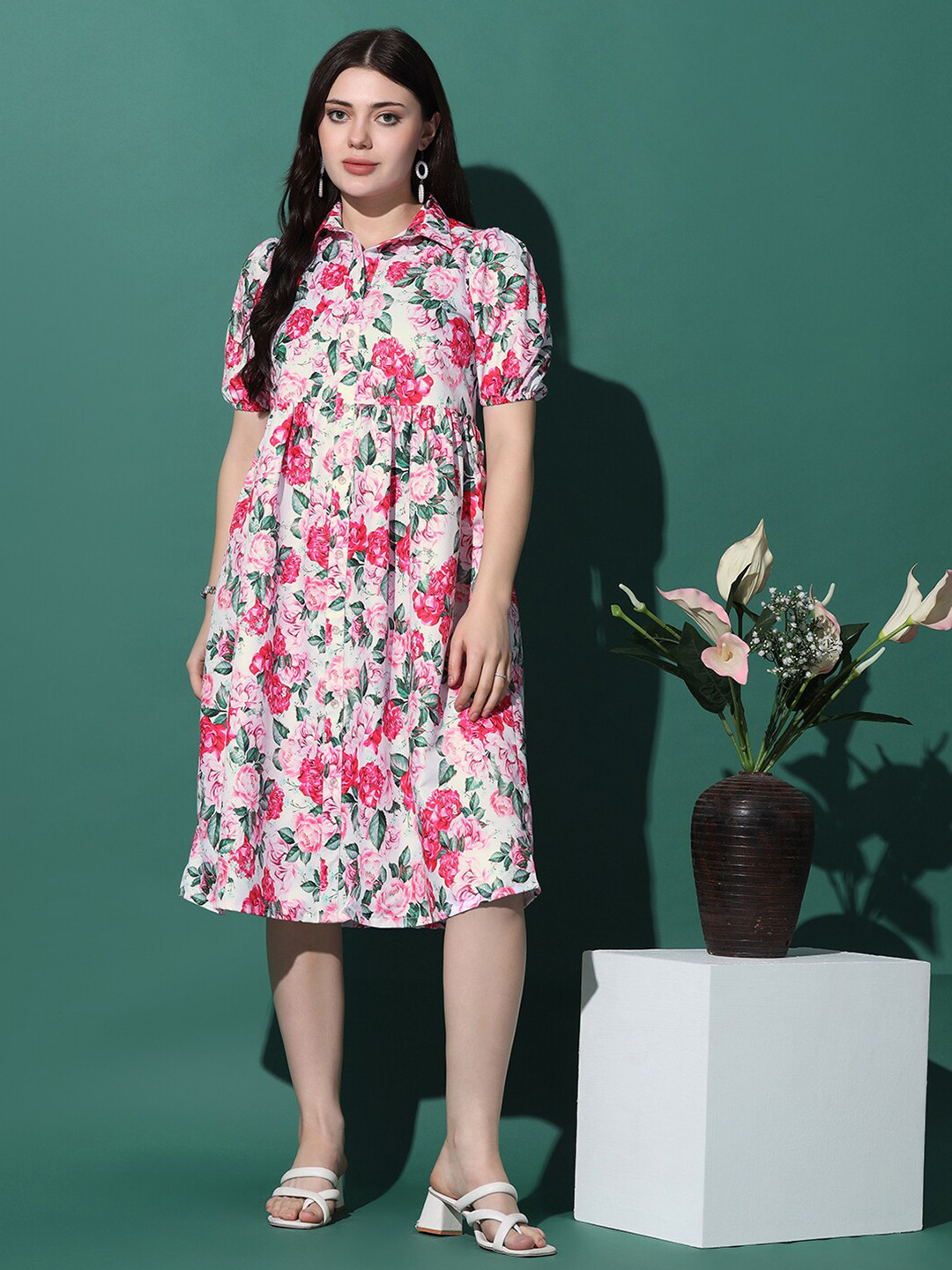 

FASHION DREAM Floral Printed Shirt Collar A-Line Dress, White