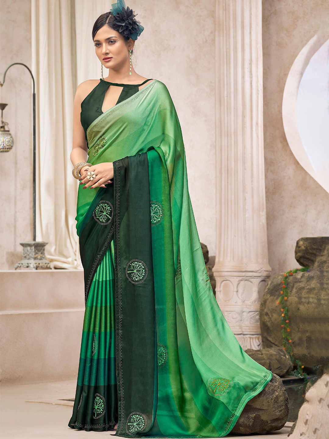 

ALAGINI Embellished Beads and Stones Satin Saree, Green