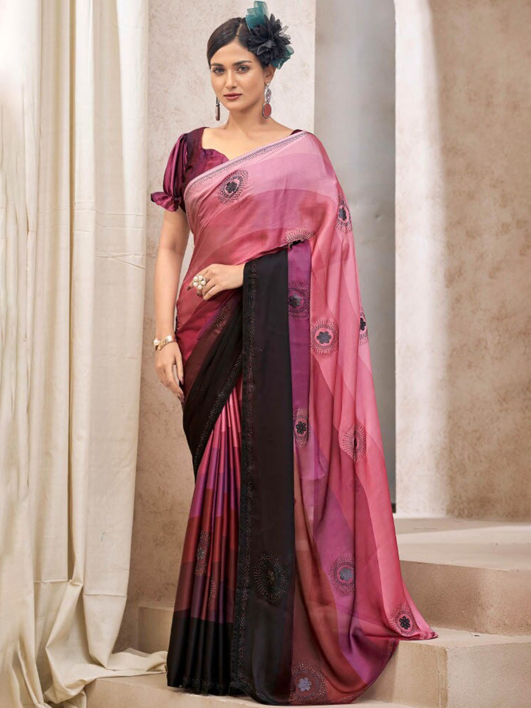 

ALAGINI Embellished Beads and Stones Satin Saree, Peach
