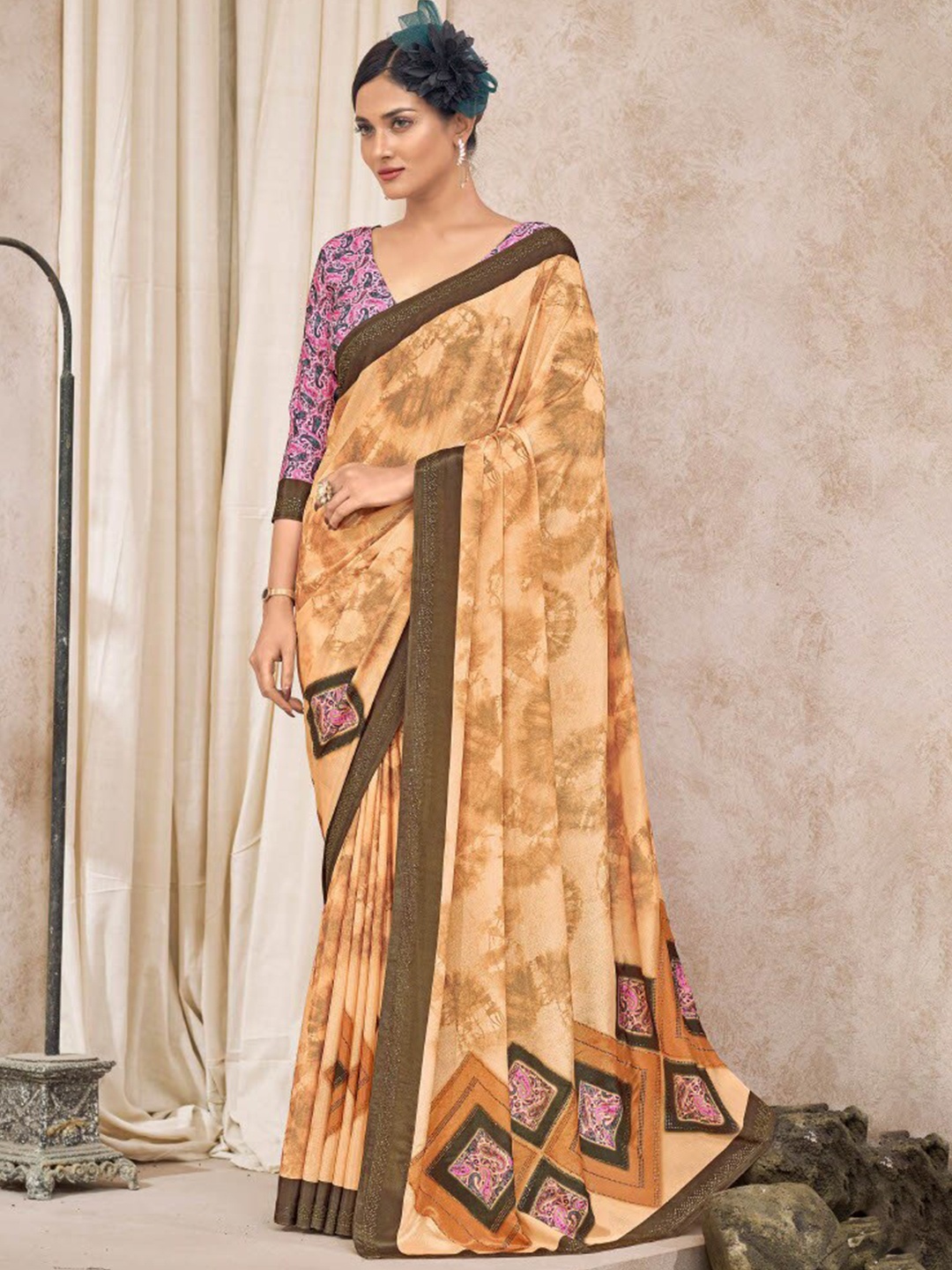 

ALAGINI Ethnic Motifs Printed Beads and Stones Satin Saree, Beige