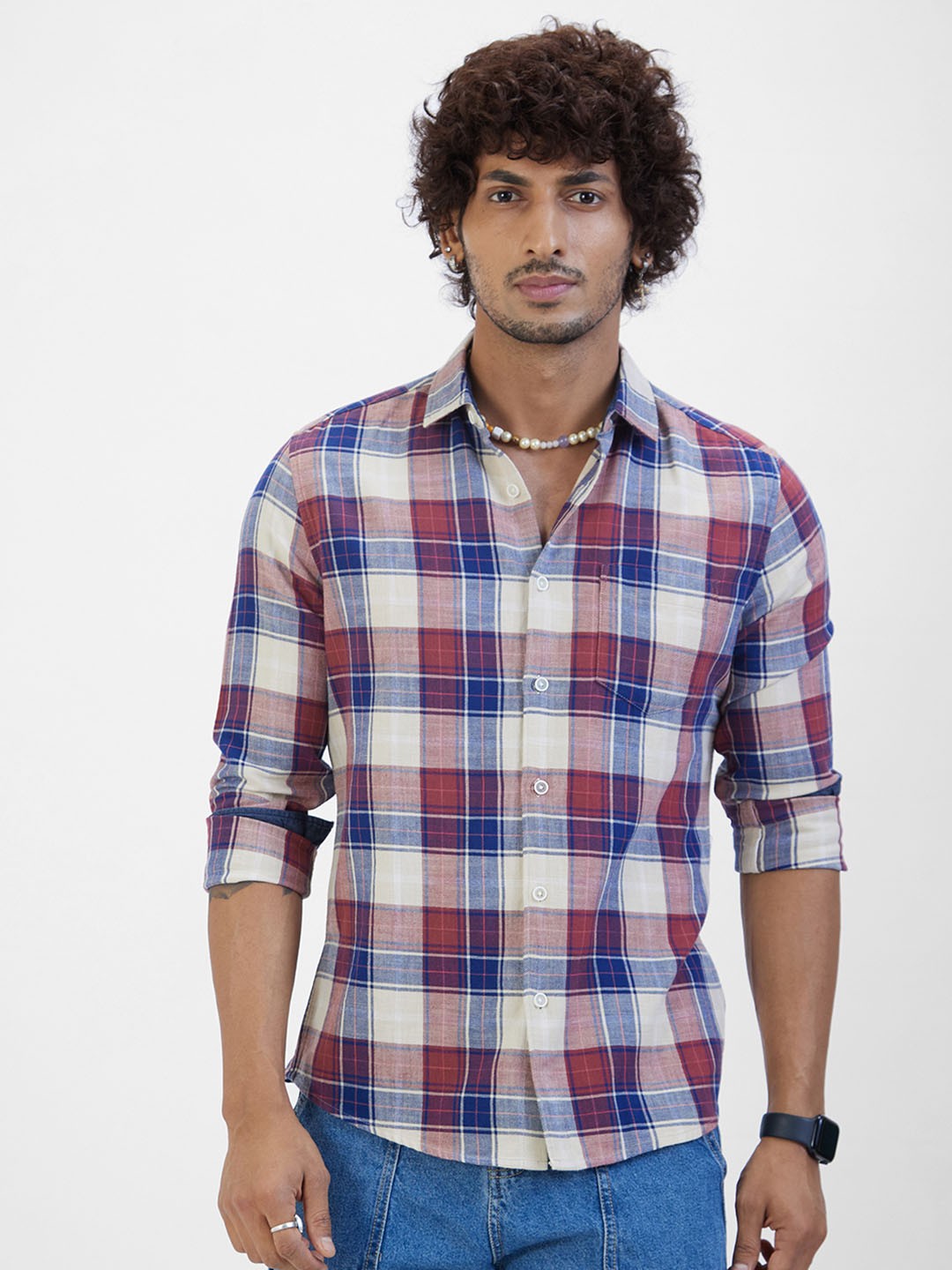 

VASTRADO Classic Slim Fit Tartan Checked Cotton Casual Shirt, Blue
