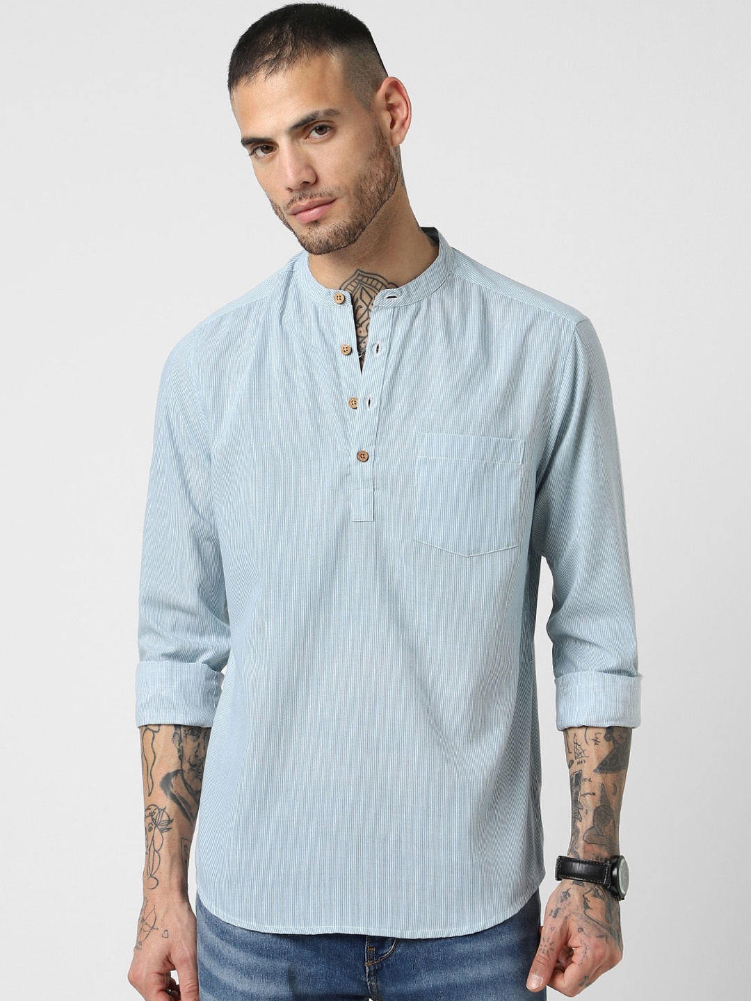 

VASTRADO Mandarin Collar Cotton A-Line Kurta, Blue