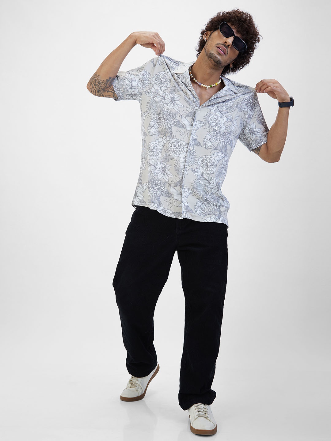 VASTRADO Classic Floral Printed Oversized Casual Shirt, Grey