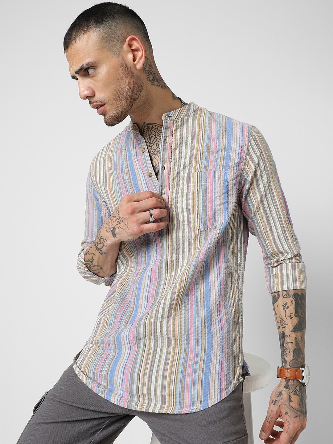 

VASTRADO Striped Mandarin Collar Seersucker Cotton A-Line Kurta, Blue
