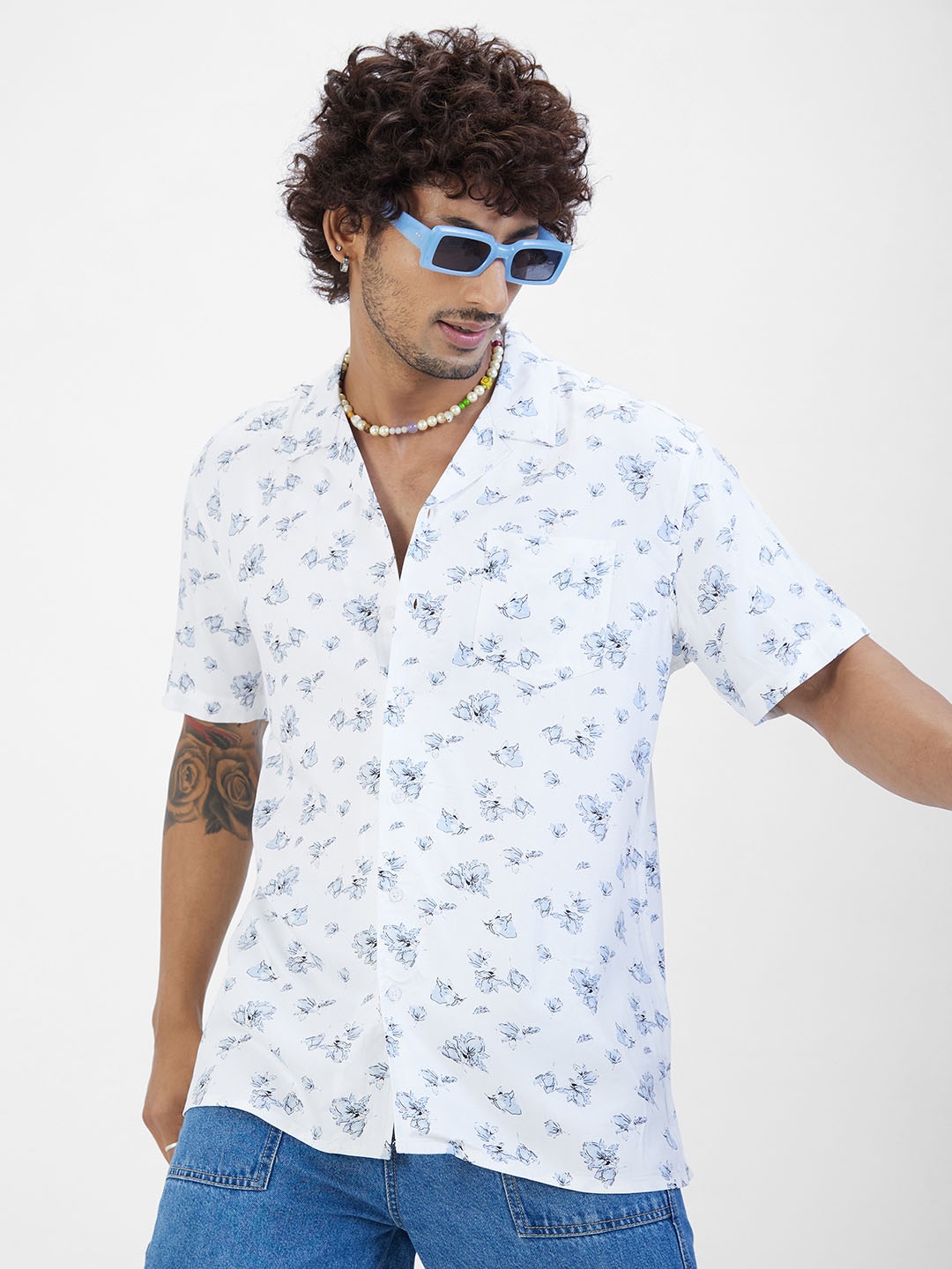 

VASTRADO Classic Floral Printed Oversized Casual Shirt, White