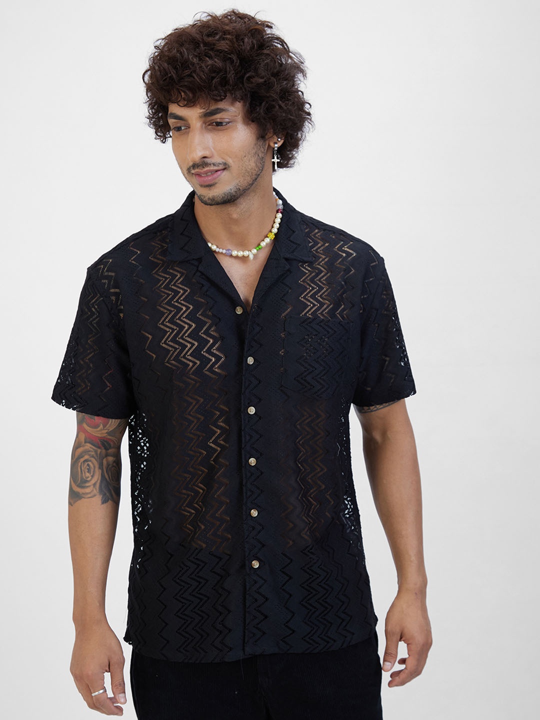 

VASTRADO Classic Self Design Cotton Cuban Collar Short Sleeves Oversized Casual Shirt, Black