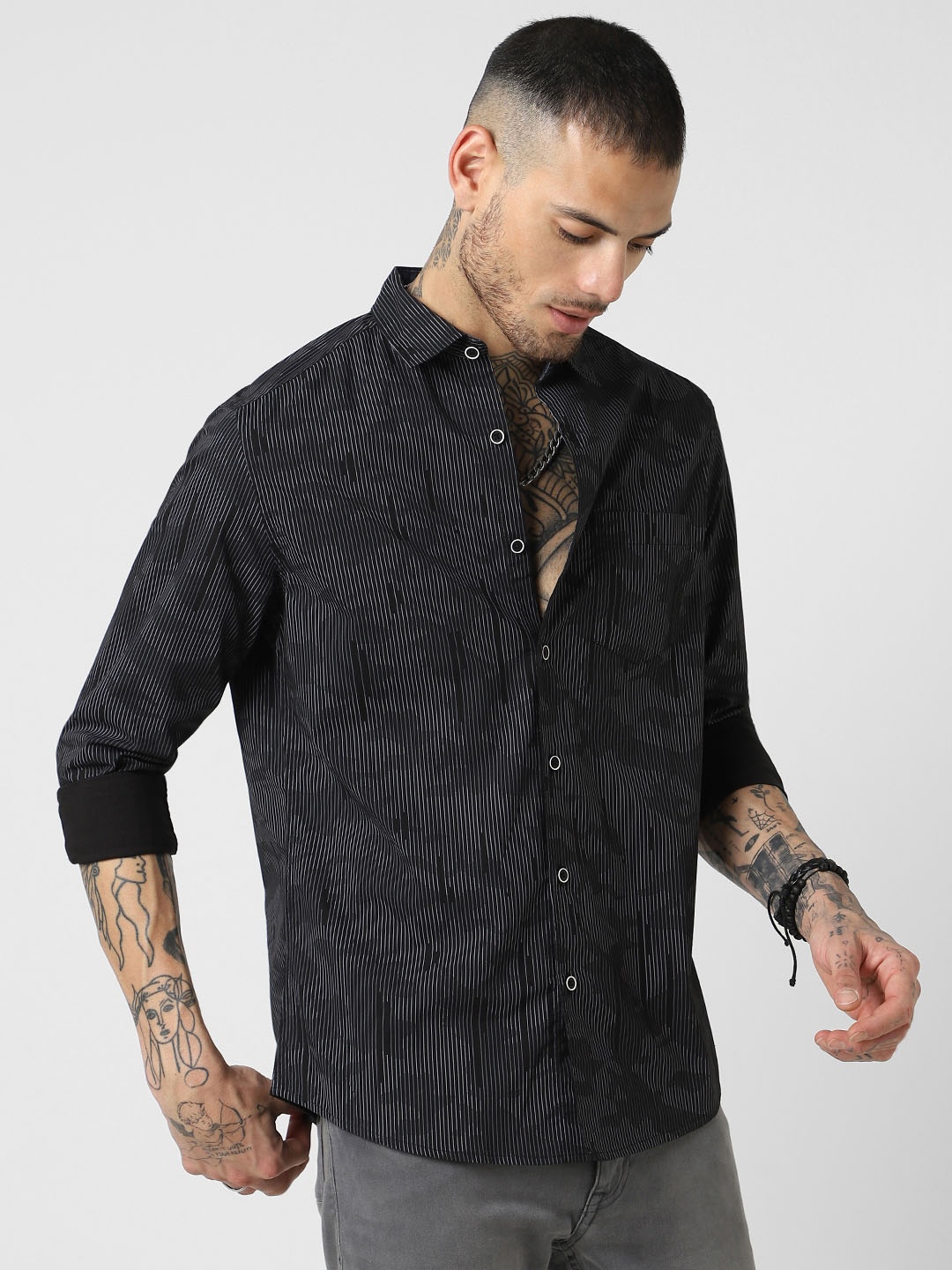 

VASTRADO Classic Abstract Printed Cotton Slim Fit Casual Shirt, Black