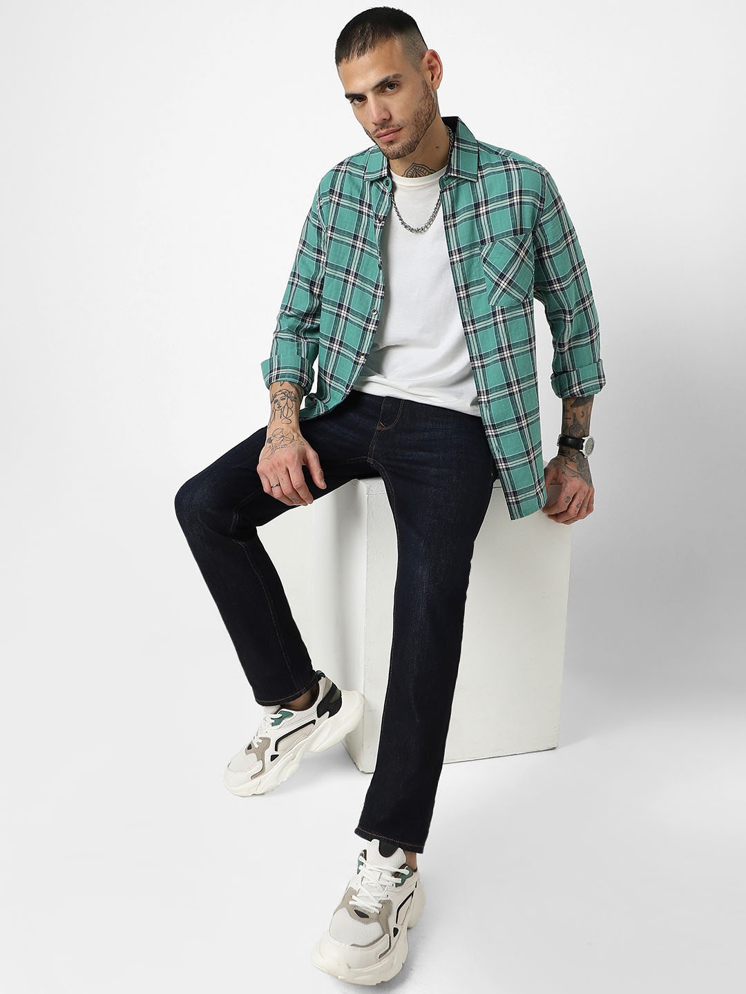 

VASTRADO Classic Slim Fit Tartan Checked Cotton Casual Shirt, Green