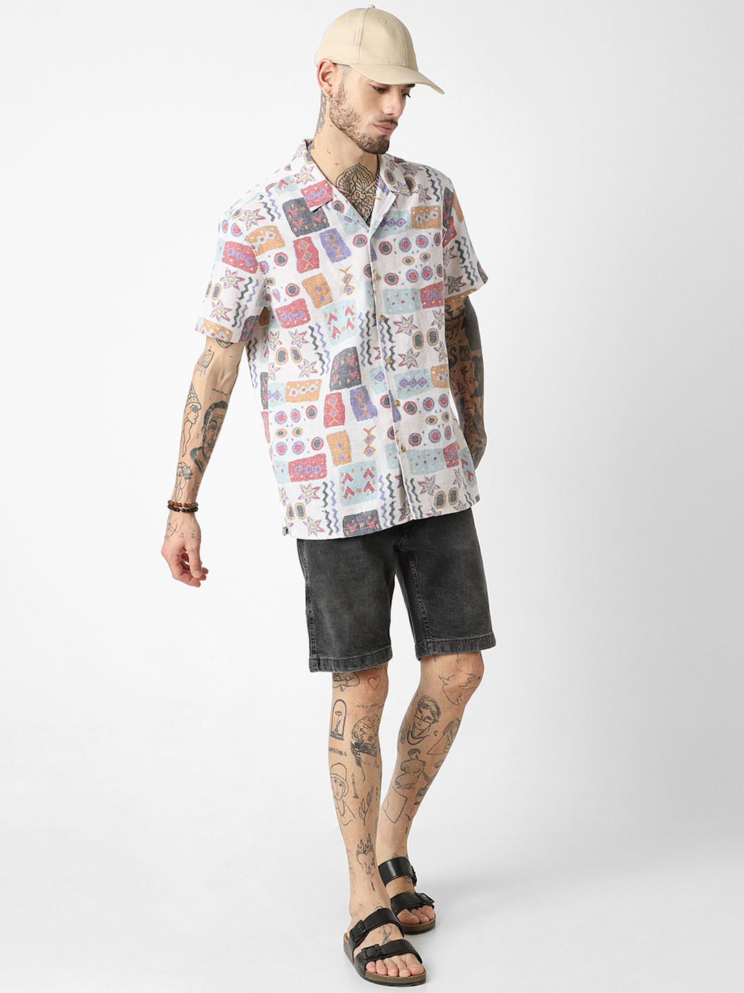 

VASTRADO Classic Geometric Printed Cotton Oversized Casual Shirt, White