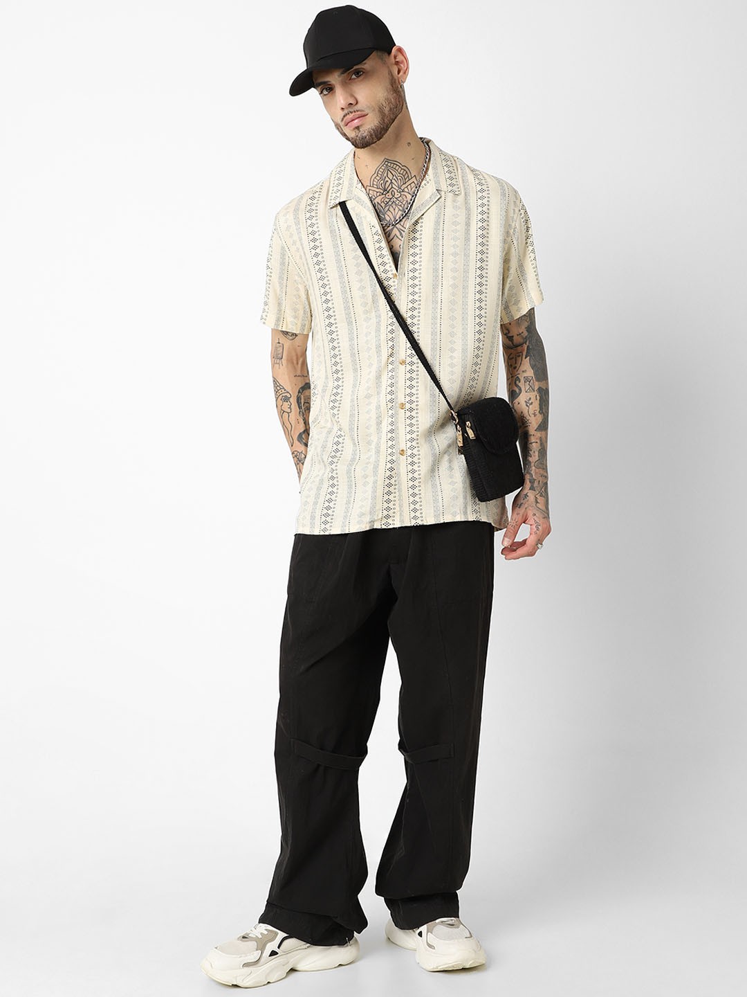 

VASTRADO Classic Geometric Printed Notch Lapel Collar Oversized Shirt, Beige